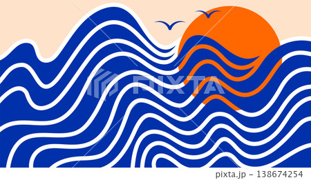 Wave banner and background with sun, beach abstract composition, dynamic wavy stripes in a vector illustration Wave banner and background with sun, beach abstract composition, dynamic wavy stripes in a vector illustration 138674254