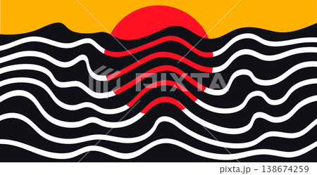 Abstract wave background with sun, wavy line distortion, surreal retro landscape, illusion in a vector illustration Abstract wave background with sun, wavy line distortion, surreal retro landscape, illusion in a vector illustration 138674259