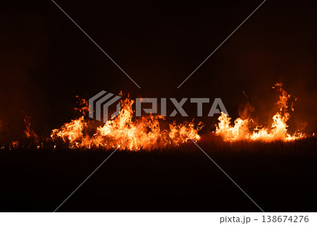 Burning fire flames isolated on dark background with smoke, dramatic wildfire effect, high contrast fire texture for overlay and design use. 138674276