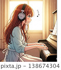 ヘッドフォンをつけてピアノを弾くアニメ少女【AI生成イラスト】 138674304