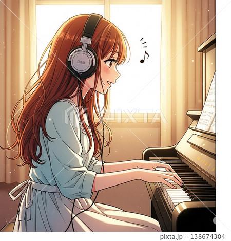 ヘッドフォンをつけてピアノを弾くアニメ少女【AI生成イラスト】 138674304