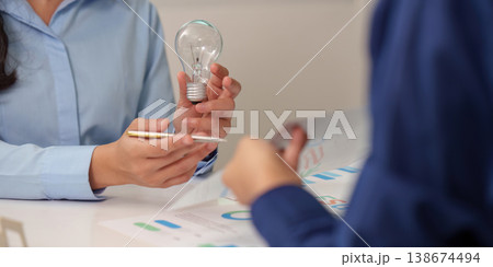 Sustainability brainstorming with light bulb and charts 138674494