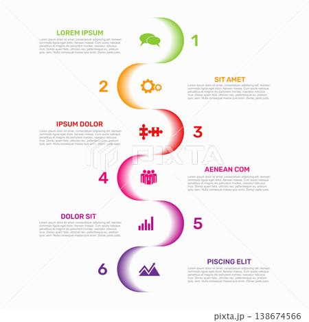 Vertical zig-zag business infographic template with six colorful numbered steps and icons. Vector illustration. Vertical zig-zag business infographic template with six colorful numbered steps and icons. Vector illustration. 138674566