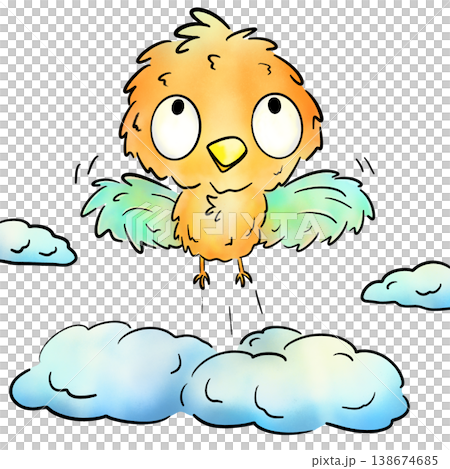 Colorful furry bird flying up on clouds cartoon illustration Colorful furry bird flying up on clouds cartoon illustration 138674685