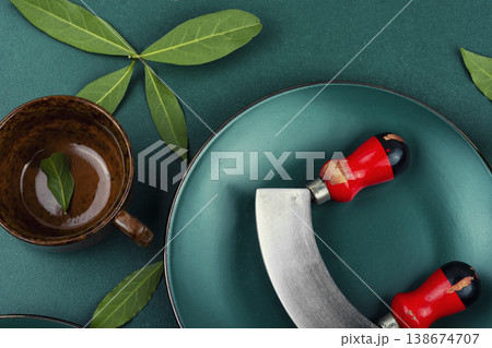 Herbal tea setup with bay leaves Herbal tea setup with bay leaves 138674707