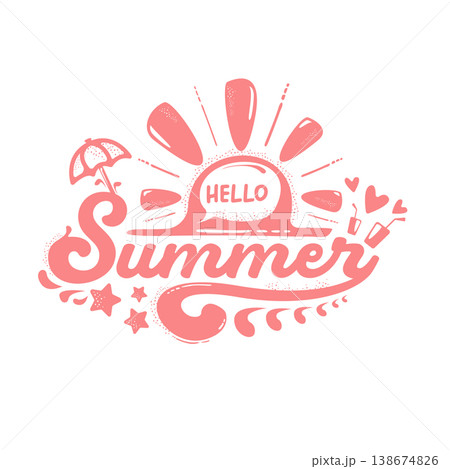 Hello Summer pink lettering illustration. Hello summer label graphic with sun, umbrella, camera and cocktail icons. Modern seasonal greeting on white background for summer vacation and travel design. Hello Summer pink lettering illustration. Hello summer label graphic with sun, umbrella, camera and cocktail icons. Modern seasonal greeting on white background for summer vacation and travel design. 138674826
