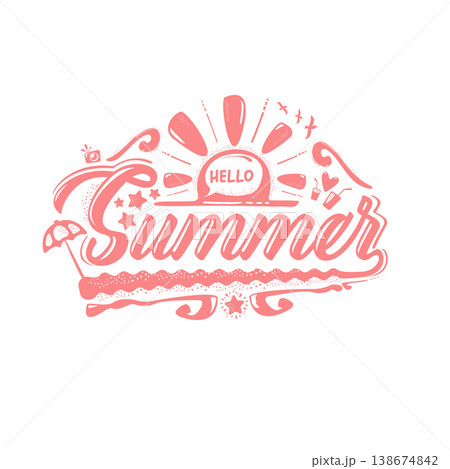 Hello Summer pink lettering illustration. Hello summer label graphic with sun, umbrella, camera and cocktail icons. Modern seasonal greeting on white background for summer vacation and travel design. Hello Summer pink lettering illustration. Hello summer label graphic with sun, umbrella, camera and cocktail icons. Modern seasonal greeting on white background for summer vacation and travel design. 138674842