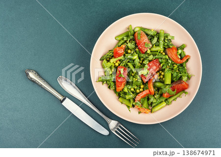Fresh asparagus salad with smoked salmon and peas. Fresh asparagus salad with smoked salmon and peas. 138674971