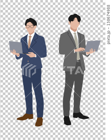 白色背景上的商務人士手持筆記型電腦的向量圖。 白色背景上的商務人士手持筆記型電腦的向量圖。 138674988