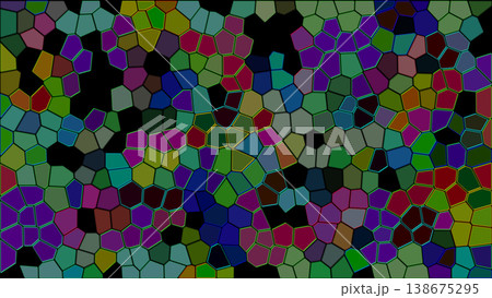Abstract colorful mosaic background with stained glass pattern. Geometric polygonal tiles in vibrant shades of green, purple, and blue on a dark backdrop for modern graphic design. 138675295