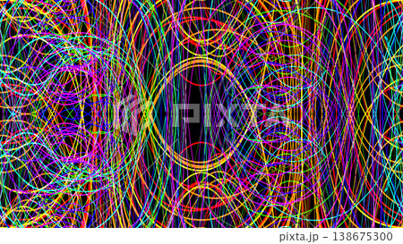 Intricate psychedelic background with symmetric neon tangled lines and chaotic colorful swirls on a black background. Abstract digital art with a vibrant energy vibe. Intricate psychedelic background with symmetric neon tangled lines and chaotic colorful swirls on a black background. Abstract digital art with a vibrant energy vibe. 138675300