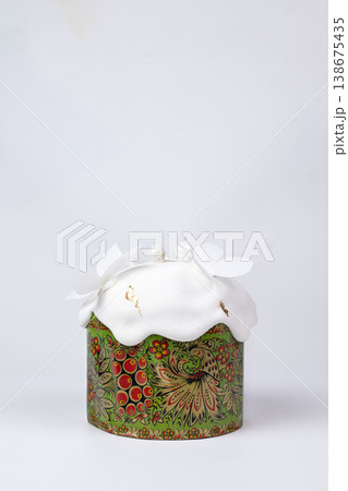 Easter Kulich with White Glaze and Orchid Flowers in Ornate Green Box Easter Kulich with White Glaze and Orchid Flowers in Ornate Green Box 138675435