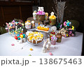 Festive Easter Table with Decorated Kulichi, Bunny Figurines and Colored Eggs 138675463