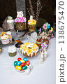 Abundant Easter Table with Decorated Kulichi, Bunny Figurines and Colored Eggs 138675470
