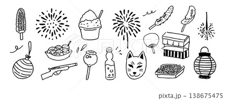 日本の夏祭りの手書きイラスト素材セット 138675475