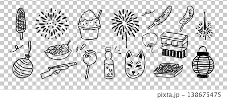 日本の夏祭りの手書きイラスト素材セット 138675475