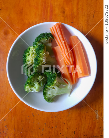 Steamed Broccoli and Sliced Carrots on a White Plate 138675522