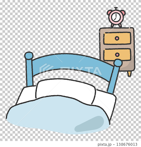 A simple illustration of a bed, a bedside table, and an alarm clock. A simple illustration of a bed, a bedside table, and an alarm clock. 138676013