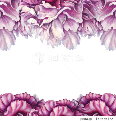 Watercolor peony frame with top and bottom floral borders, featuring soft blush and rich pink tones. Pink botanical template with open center, perfect for wedding invitations, cards, luxury branding 138676172