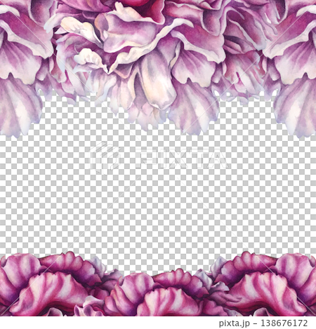 Watercolor peony frame with top and bottom floral borders, featuring soft blush and rich pink tones. Pink botanical template with open center, perfect for wedding invitations, cards, luxury branding 138676172