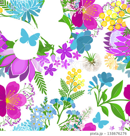 Seamless pattern with spring colored flowers. Hand drawn. Not AI, vector illustration. 138676276