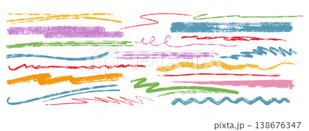 Vector set of colored hand drawn charcoal underlines, scribbles, brush strokes or freehand crayon lines 138676347