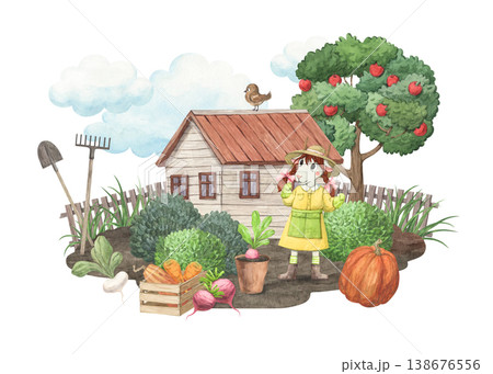 A watercolor composition featuring a goat in a yellow dress and hat in a garden 138676556