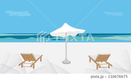 Against the backdrop of the sky and the azure sea, on the beach, sun loungers with a white umbrella Against the backdrop of the sky and the azure sea, on the beach, sun loungers with a white umbrella 138676675