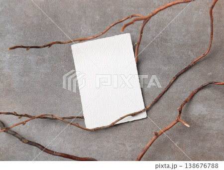 Blank card mockup on grey stone with dry branches, copy space. Minimal rustic stationery template Blank card mockup on grey stone with dry branches, copy space. Minimal rustic stationery template 138676788