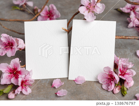 Blank cards set mockup with pink cherry blossoms and twigs on grey stone. Spring wedding stationery Blank cards set mockup with pink cherry blossoms and twigs on grey stone. Spring wedding stationery 138676797
