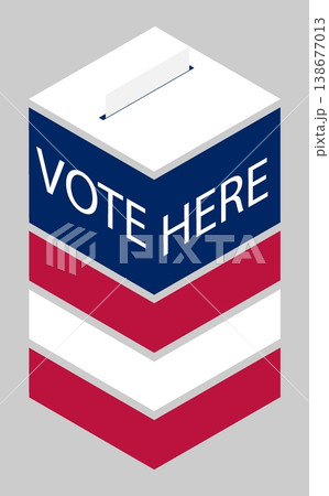 Vertical arrow indicates location of the polling station and voting place in the form of a ballot box in colors of American flag. Vector isolated on white background Vertical arrow indicates location of the polling station and voting place in the form of a ballot box in colors of American flag. Vector isolated on white background 138677013