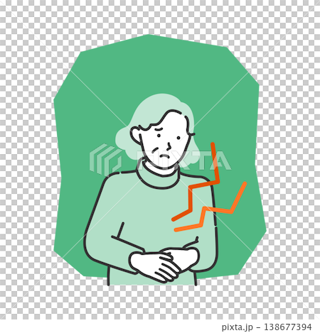 一幅老年婦女因胃痛或腹痛而摀住腹部的插圖；用於解釋食物中毒和消化系統疾病。 138677394