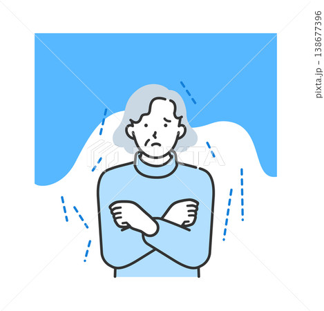 悪寒で体を震わせるシニア女性のイラスト 風邪のひき始めや発熱前の症状解説に 138677396