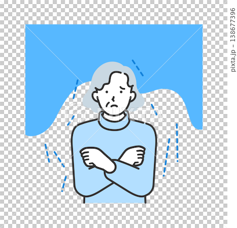 悪寒で体を震わせるシニア女性のイラスト 風邪のひき始めや発熱前の症状解説に 138677396