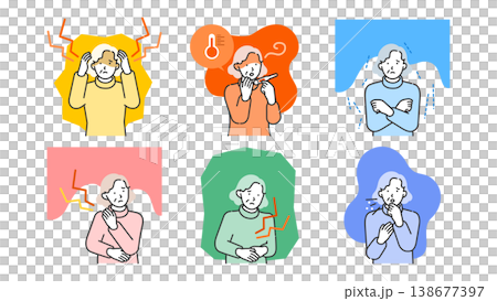 一組插圖，描繪了患有發燒、胃痛等各種疾病的老年婦女，適合用於醫學文章和對這些症狀的解釋。 138677397