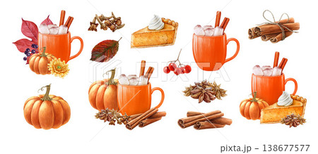 Autumn mood watercolor set with pumpkin late drink, spices and cozy fall elements, isolated background. Hand drawn seasonal clipart perfect for Thanksgiving, packaging, prints and warm autumn design Autumn mood watercolor set with pumpkin late drink, spices and cozy fall elements, isolated background. Hand drawn seasonal clipart perfect for Thanksgiving, packaging, prints and warm autumn design 138677577