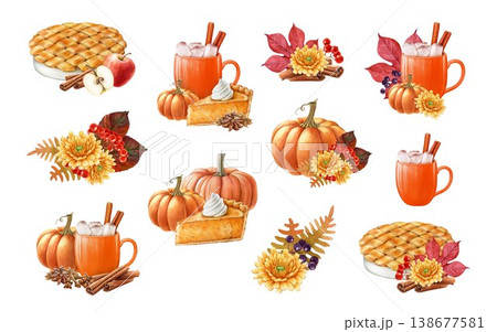 Autumn cozy watercolor set with pumpkins, pie, hot drink, cinnamon and berries, isolated on white background. Hand drawn Thanksgiving clipart for packaging, prints, invitations and fall design 138677581