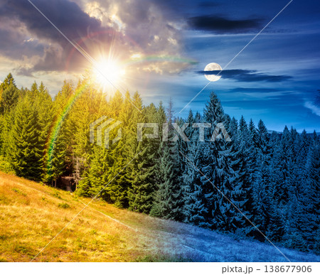 day meet night. view of a hillside of mountain range with coniferous forest and meadow. sun and moon over mountain landscape in summer at twilight. nice picture for earth day or astrology background 138677906