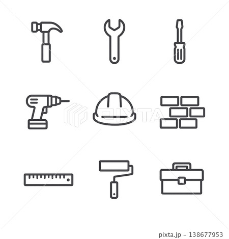 建設・DIY工具のミニマル線画アイコンセット 138677953