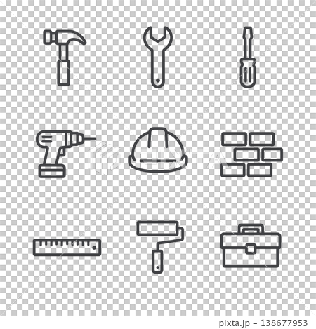 建設・DIY工具のミニマル線画アイコンセット 138677953