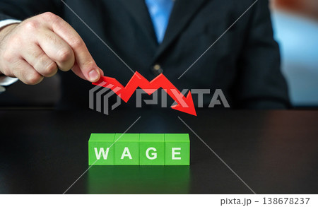 Blocks with the word Wage and a red downward arrow. Blocks with the word Wage and a red downward arrow. 138678237