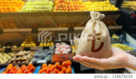 Turkish lira money bag on the background of a grocery store counter with fresh organic vegetables and fruits. Concept of cost of goods and food products. Grocery set. Import and export 138678259