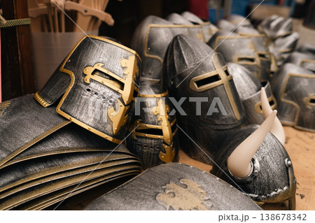 Fantasy-style helmets displayed at festival market in Berlin Fantasy-style helmets displayed at festival market in Berlin 138678342