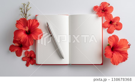 白背景のデスクに開いたノートとペン　ハイビスカス 138678368