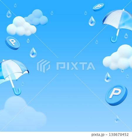 3D Rainy Day Background with Copy Space, Blue Summer Theme with Umbrellas and Clouds 3D Rainy Day Background with Copy Space, Blue Summer Theme with Umbrellas and Clouds 138678452