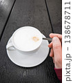 Creamy coffee cup Cappuccino with frothy milk and a spoon held by a hand on a dark wooden table concept. copy space 138678711