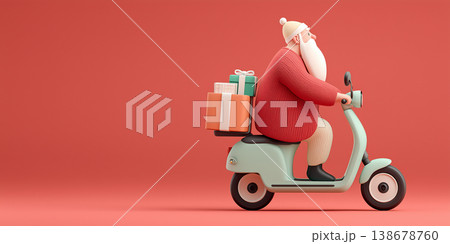 Santa claus riding scooter delivering christmas gifts copy space banner 138678760