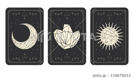 Tarot cards with crystal celestial symbols. Magical esoteric Tarot covers. Vector illustration Tarot cards with crystal celestial symbols. Magical esoteric Tarot covers. Vector illustration 138678833