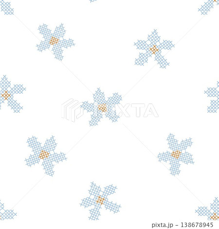 Seamless Cross Stitch Floral Pattern Blue Daisy Embroidery Minimal Baby Nursery Textile Background Vector 138678945