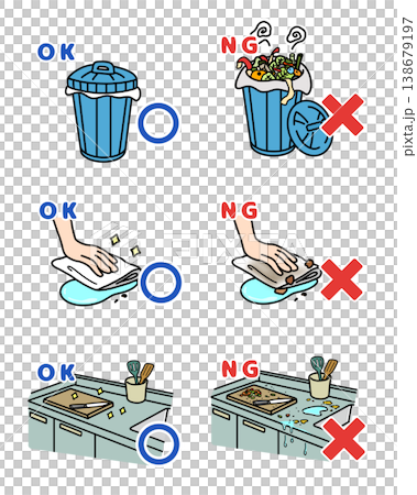Food Safety and Hygiene Management in the Cooking Environment: NG Actions and OK Examples (Illustrated Set) - Food Poisoning Prevention - HACCP Compliant 138679197
